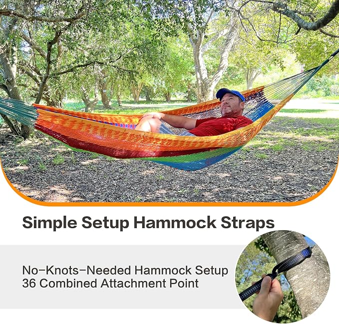 CHULIM Handwoven Mayan Hammock with 10ft Tree Straps, 550lbs Capacity Soft Rope Double Hammock, Portable Outdoor Hammock with Carry Bag for Camping Backyard Beach - Black White Stripe