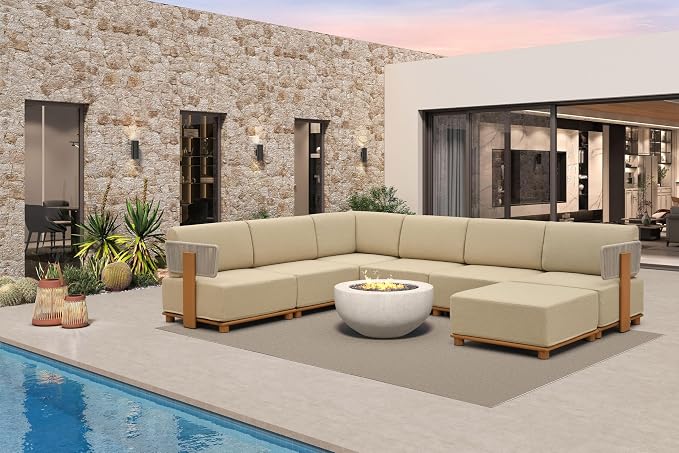 PURPLE LEAF Patio Furniture Set Modular U-Shaped Outdoor Sectional Sofa with 11" Thick Olefin Cushion 7-Piece Outdoor Conversation Set with Ottoman & Coffee Lights for Backyard Garden Poolside, Beige