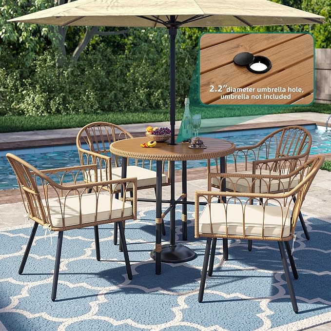 YITAHOME Patio Dining Set with Umbrella Hole for 4, Wicker 5pcs Outdoor Dining Set, Rattan Patio Dining Furniture Sets, Outdoor Table and Chairs Set for Patio Backyard Balcony Garden