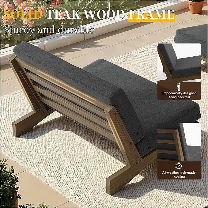 6 Piece Wood Outdoor Patio Frutnire Set, 7 Seater Patio Conversation Sets with Thick Cushions, Outdoor Sectional Furniture with Coffee Table - Dark Gray