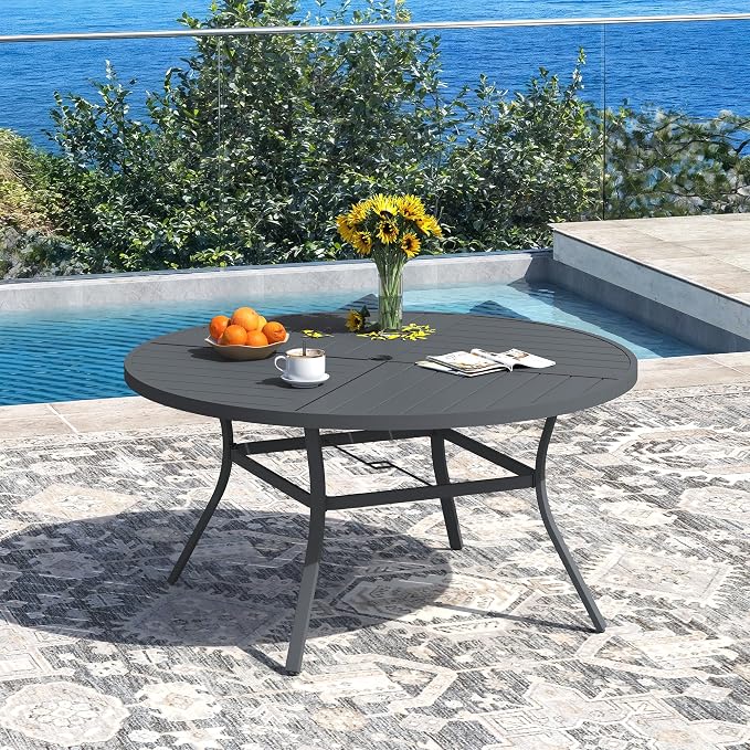DIFY 7 Pieces Outdoor Dining Set, Metal Patio Table and Chairs Set for 6, 50" Round Dining Table with Umbrella Hole & Wicker Swivel Patio Chairs with Cushions, Grey Tabletop