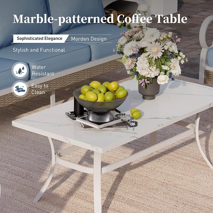 SUNSHINE VALLEY 6 Piece Metal Outdoor Patio Furniture Set, Patio Conversation Set 3-Seater Sofa, 2 Fixed Sofa, 2 Rocking Chair with 5.75" Thick Cushion and Coffee Table White Backyard Furniture, Blue