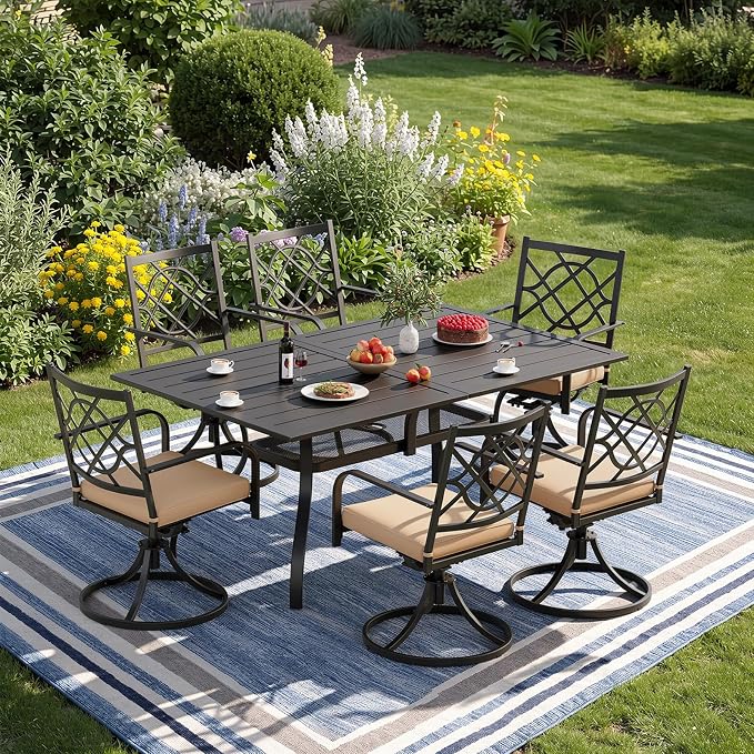 7 Piece Patio Dining Set Outdoor Furniture Set, Rectangular Metal Patio Dining Table with Umbrella Hole & 6 Swivel Dining Chairs for Garden Lawn Yard