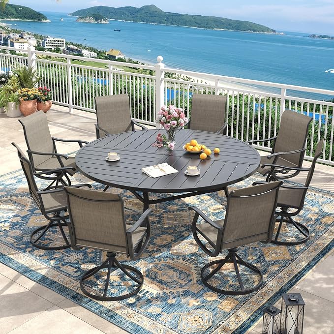 Outdoor Dining Set for 8, 63.1" Metal Round Outdoor Dining Table with Umbrella Hole and Sling Patio Swivel Chairs, 9 Pieces Patio Table and Chairs Set for Garden, Mixed Brown and Black