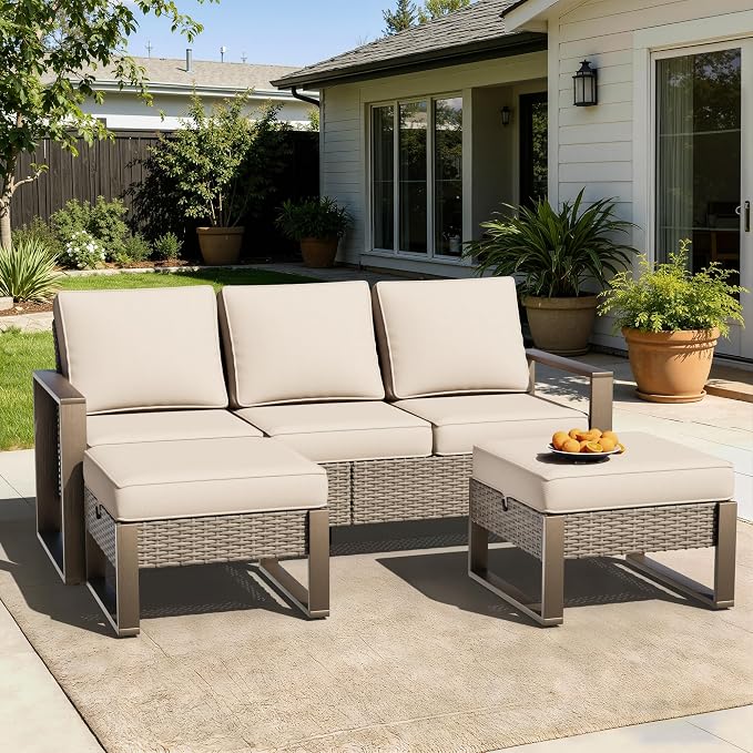 Wicker Patio 75" Sofa Set with Two Ottomans, All Weather Rattan Outdoor Conversation Furniture Set with Wood-Looking Metal Armrest for Deck Backyard Porch, Beige