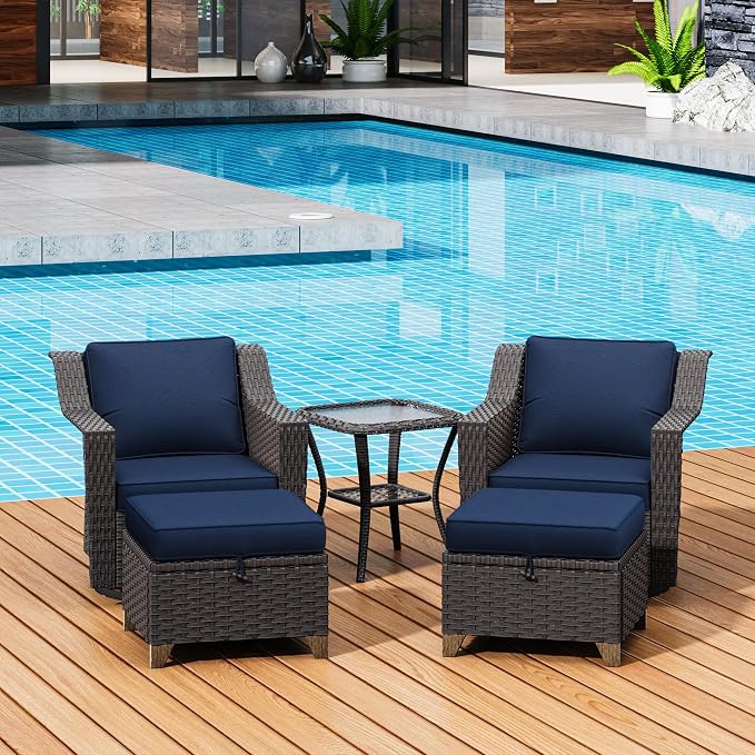 5 Pieces Patio Conversation Furniture Set - Swivel Chairs with Ottomans Set of 2, 1 Side Table, Outdoor Wicker Furniture Set with Washable Cushions for Porch, Balcony, Sunroom (Navy Blue)