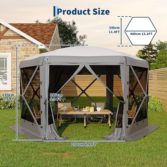 GarveeLife 13x13FT 6-Sided Pop Up Canopy Tent，One-Push Setup Canopy Tent with Removable Canopy Top & Wind Cloths, Outdoor shelter for Camping, Backyard Parties, Outdoor Events - Grey