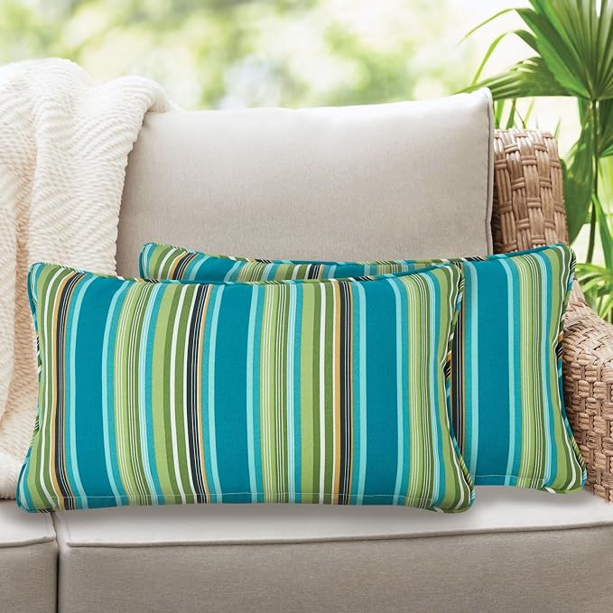 Lumbar Pillow Covers Set of 2, Outdoor Indoor Waterproof Patio Lumbar Pillowcase Shell 12x20 Inch, Rectangular Cushion Case for Couch Sofa Garden Farmhouse-Green Stripe