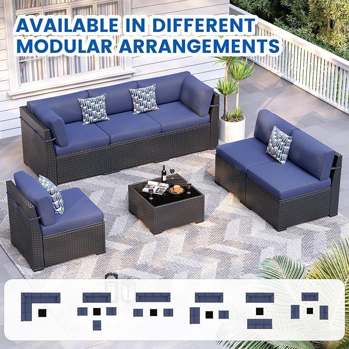 Patio Furniture Sets, 7-Piece Outdoor Patio Furniture with Thick Cushions,Coffee Table Outdoor All-Weather Conversation Set Sectional Sofa for Backyard, Poolside, Garden(Navy Blue)