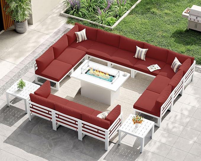 NICESOUL 12 Seat Extra Large Aluminum Patio Furniture Set with Fire Pit Table Propane/Gas, Contemporary Outdoor Conversation Sofa Set with End Table, All-Weather Sectional Couch for Garden Yard, Red
