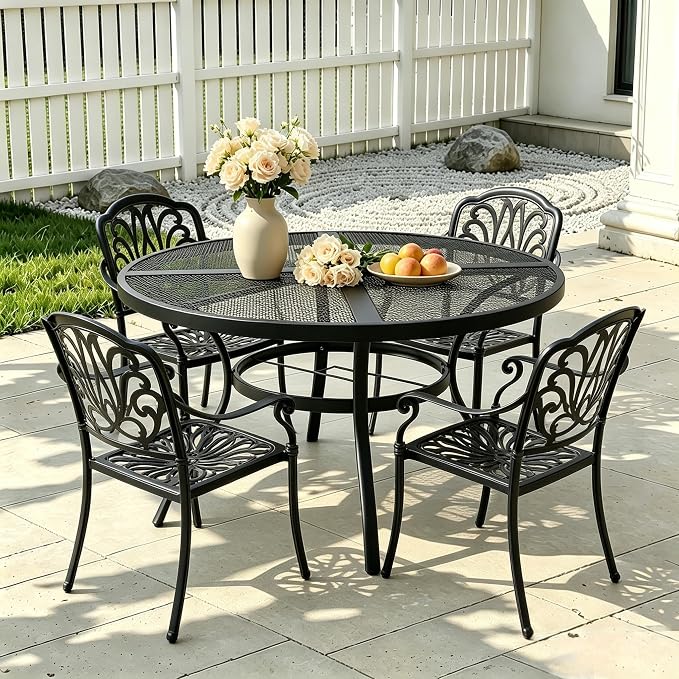 Round Metal Mesh Patio Dining Table for 4, 42" Black Electroplated Steel Outdoor Dining Furniture Table with Umbrella Hole, Rust-Resistant Patio Furniture for Backyard, Porch, Deck