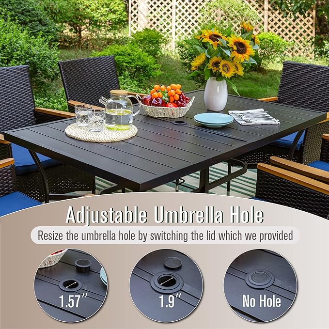 Sophia & William 7 Pieces Patio Dining Set for 6 People, Metal Outdoor Dining Table with 1.9" Adjustable Umbrella Hole, 6 Pcs Rattan Chairs, All Weather Patio Table and Chairs Set