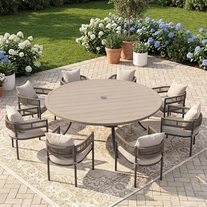 VICLLAX Patio Dining Set for 8-63" Round Table & Cushioned Wicker Seats