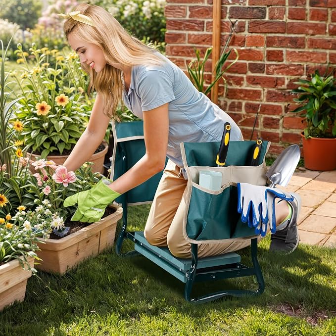 SUPER DEAL Folding Garden Kneeler and Seat with 2 Free Tool Pouches - EVA Foam Pad Protects Your Knees - Sturdy and Lightweight