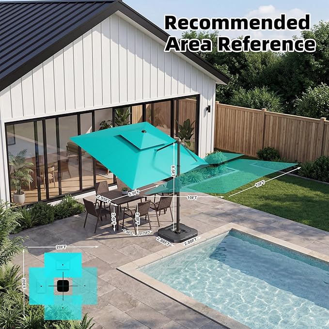10x10 FT Cantilever Patio Umbrella Double Top Outdoor Square Large Heavy Duty Aluminum Offset Umbrellas with 7 Level Tilt 360-degree Rotation for Pool Garden Deck, Turquoise