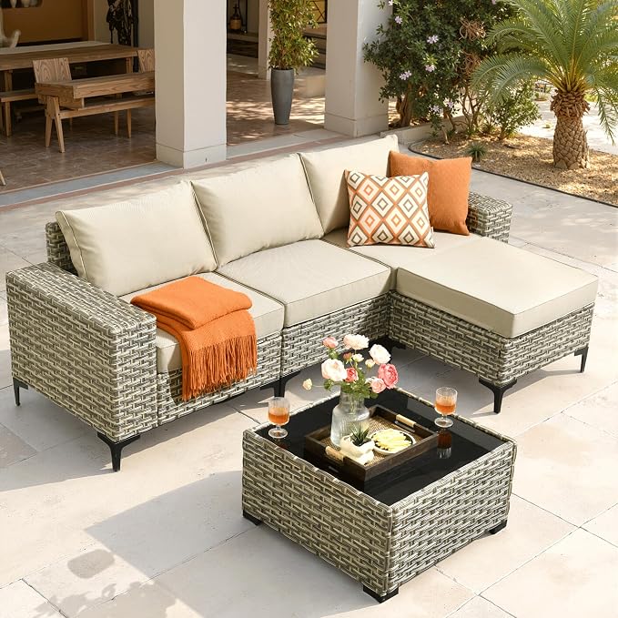ovios 5-Piece Patio Furniture Set with L-Shape Sofa Chaise, Outdoor Sectional Couch Coffee Table, Modern Modular Wicker Rattan Conversation Set, Beige