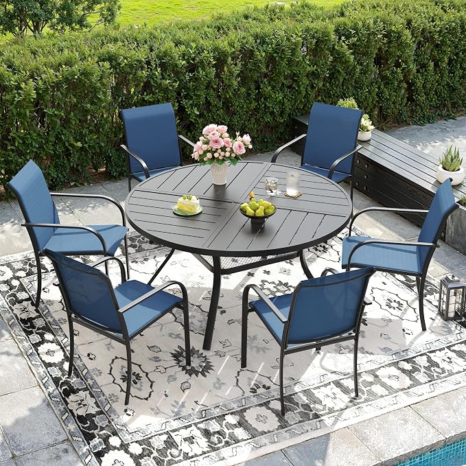 DIFY Patio Dining Set for 6, 7 Piece Outdoor Table and Chairs Set, 47.2" Black Round Metal Patio Dining Table and 6 Blue Textilene Stackable Patio Chairs, for Backyard Garden Poolside