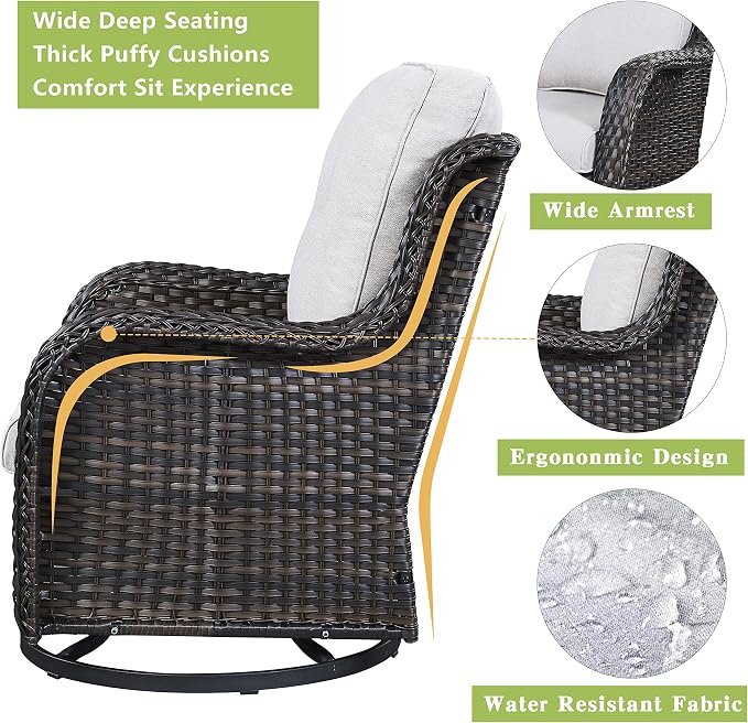 Outdoor Patio Swivel Rocker Chairs - Wicker Rattan Patio Swivel Rocking Chairs Set of 2 with High Back,Deep Seating and Comfort Cushions for Deck Porch Garden,Brown/Beige
