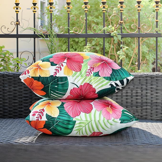 Outdoor Pillow Covers 18x18 Inch Set of 2 Tropical Floral Plants Boho Throw Pillows Cases Waterproof Square Garden Cushion Sham for Patio Funiture Balcony Bench Sofa Couch, Yellow & Red