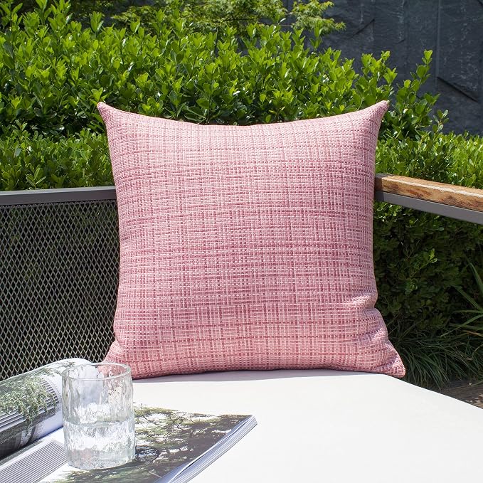 Kevin Textile Outdoor Waterproof 20x20 Inch Pillow Covers 2 Pack, Pink | Water Resistant, Faux Linen Yarn-dyed, Woven Texture Throw Pillow Covers for Tent Patio Garden Couch Sofa