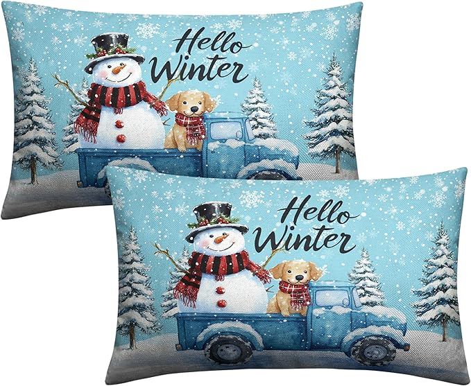 Set of 2 Blue Truck with Snowman Puppy Dog Rectangle Pillowcase Hello Winter Lumbar Pillow Covers 12x20 Snowflakes Snowman Waist Cushion Case for Living Room Bedroom Couch Sofa
