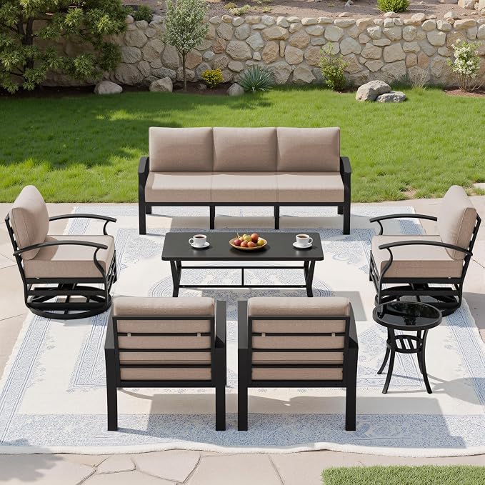 Kullavik Aluminum Patio Furniture Set,7 Piece Modern Metal Outdoor Patio Furniture w/5.1'' Thick Cushion,Swivel Chairs and Rectangular Coffee Table,Patio Conversation Sets for Porch,Deck,Sand