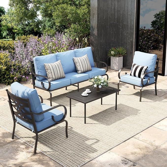 Sophia & William Patio Conversation Set for 5, 3-Seater Sofa, 2 Fixed Chairs and a Coffee Table, Metal Outdoor Furniture with 5.75" Extra Thick Cushions, Blue