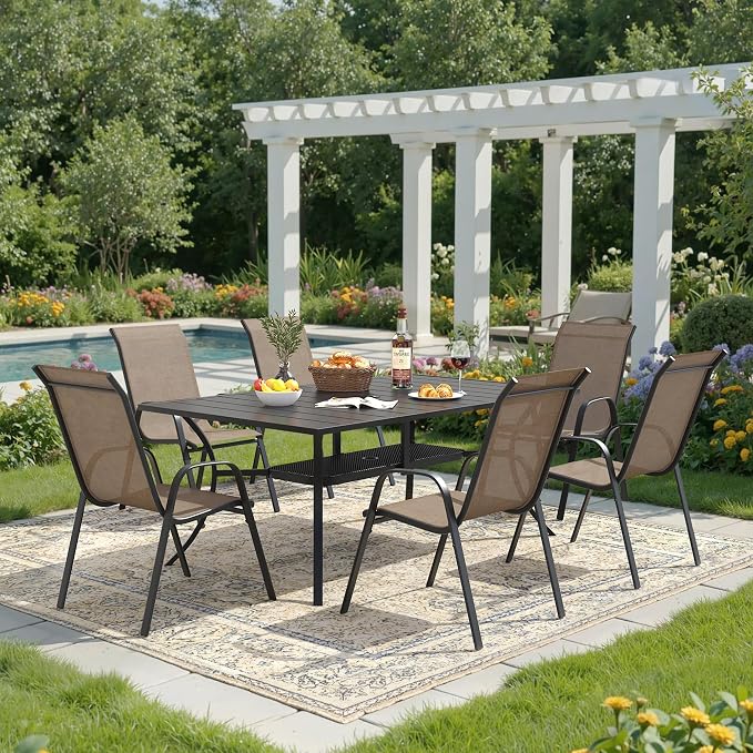 DIFY 7 Piece Outdoor Dining Set, 59.2" Black Rectangle Metal Patio Table and Brown Textilene Stackable Chairs for 6, All Weather Patio Furniture Set with Umbrella Hole for Backyard Garden Deck