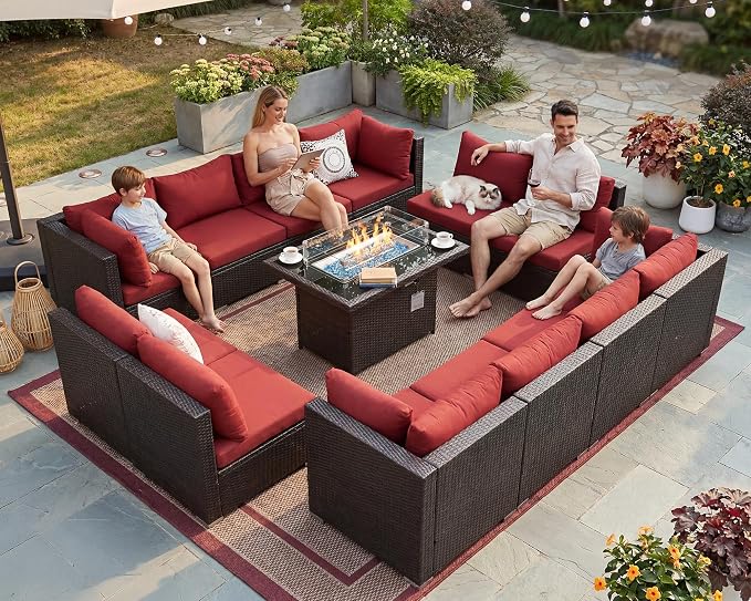 NICESOUL 13 Piece Patio Furniture w/Fireplace, Elegant Outdoor Seating w/Firepit, XL 29.3'' High Back Sectional Sofa, All-Weather Rattan Deck Couch, Modular Sturdy Conversation Set, Brown & Red