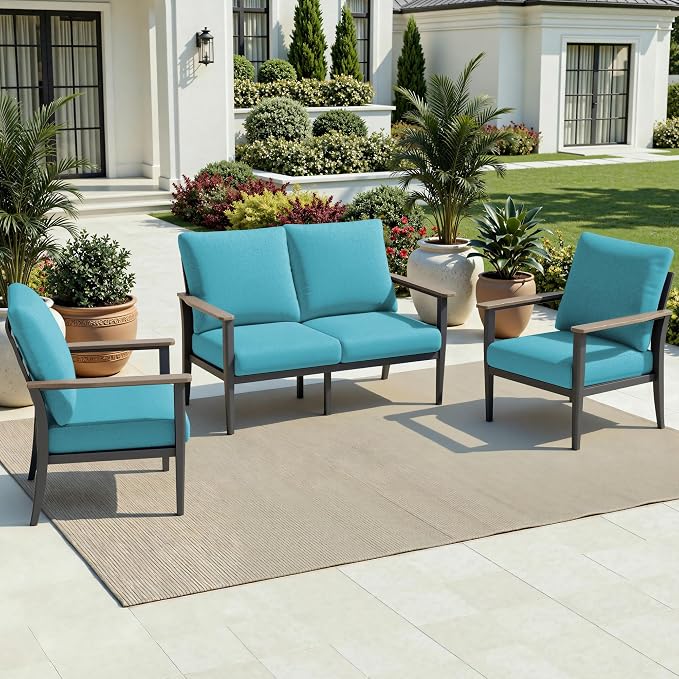 Aluminum Outdoor Patio Furniture Set 4-Seat, Patio Conversation Set Sectional Furniture Set with High Backrest & Thickened Cushions for Garden, Backyard, Poolside, Turquoise