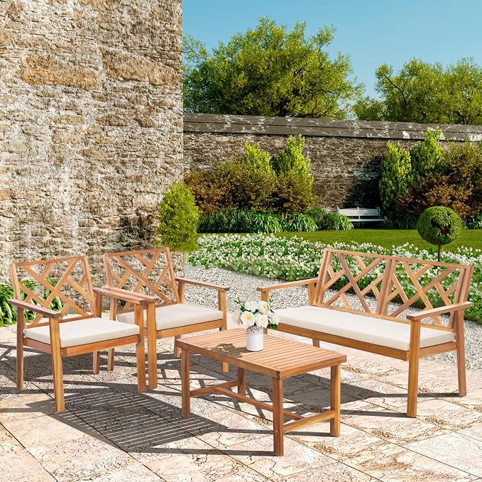 Werph 4-Piece Acacia Wood Outdoor Patio Furniture Set | Patio Sofa Bench and 2 Sofa Chairs with Table & Padded Cushions, Patio Lounge Conversation Set for Balcony Deck Backyard