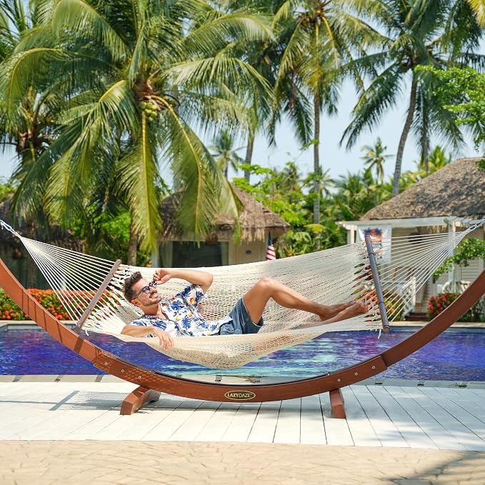 Lazy Daze Hammocks 10.5 FT Double 2 Person Caribbean Rope Hammock, Hand Woven Polyester Hammock with Spreader Bars, for Outside Outdoor Backyard Patio Poolside, 450 LBS Capacity, Cream