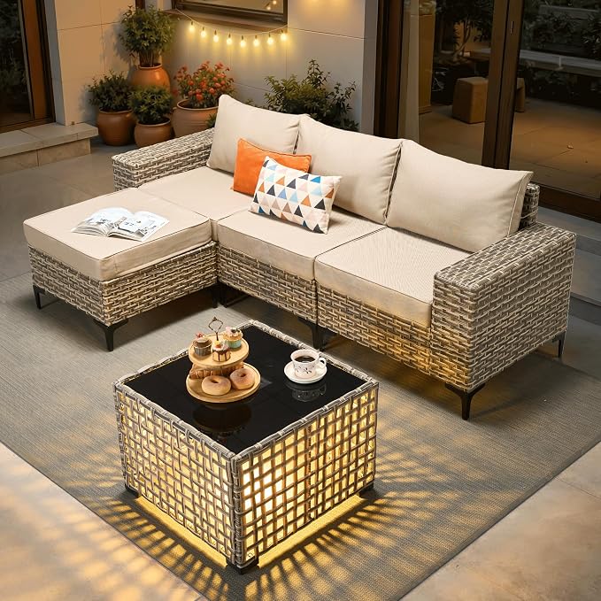 ovios 5-Piece Patio Furniture Set with L-Shape Sofa Chaise, Outdoor Sectional Couch Solar Table, Modern Modular Wicker Rattan Conversation Set, Beige