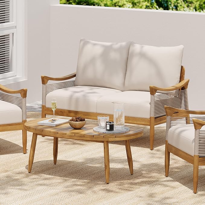 Christopher Knight Home Havets 2 Piece Patio Conversation Sets, Outdoor Acacia Wood Patio Seating Group,Woven Rope Loveseat with Cushions and Coffee Table for Porch Garden Backyard Balcony, Teak+Beige