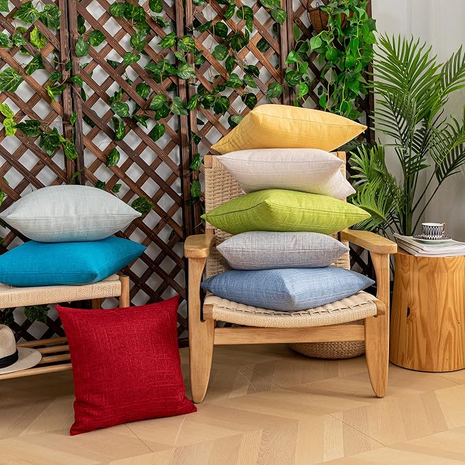 Kevin Textile Outdoor Waterproof 16”x16” Pillow Covers 2 Pack, Red | Water Resistant, Soft Faux Linen-cotton Yarn-dyed Woven Texture Throw Pillow Covers for Tent Patio Garden Couch Sofa