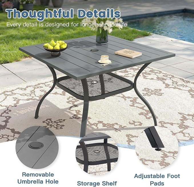 DIFY 5 Pieces Outdoor Dining Set, Metal Patio Table and Chairs Set for 4, 37.8" Square Dining Table with Umbrella Hole & Wicker Stackable Patio Chairs with Cushions, Grey Tabletop