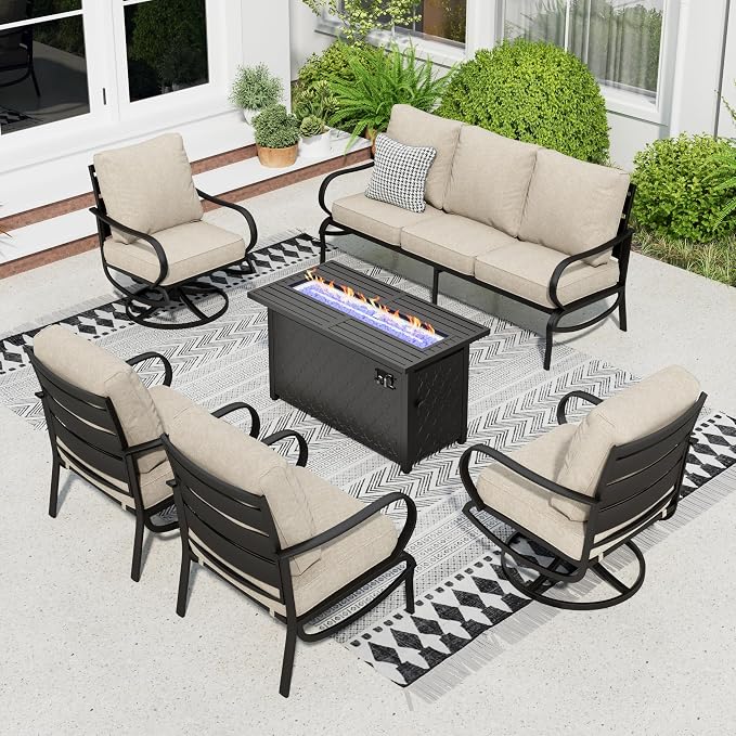 Sophia & William Patio Furniture Sets for 7 with Fire Pit Table 45", Outdoor Patio Furniture Set 8 Pcs, Convesation Set with 4 x High Heavy Sofa Chairs, 1x3-Seat Sofa, for Porch Poolside Beige
