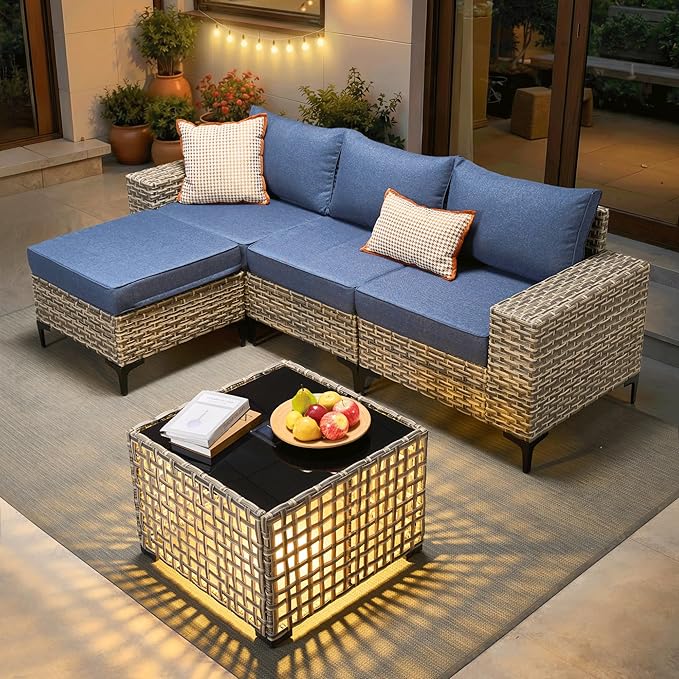 ovios 5-Piece Patio Furniture Set with L-Shape Sofa Chaise, Outdoor Sectional Couch Solar Table, Modern Modular Wicker Rattan Conversation Set, Denim Blue