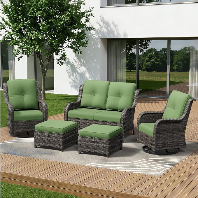 5 Piece Outdoor Wicker Patio Furniture Set, Outdoor Swivel Rocker Patio Chairs Set with Thickened Olefin Cushions, High Back and Deep Seating, Hand-Woven PE Rattan for Porch, Deck