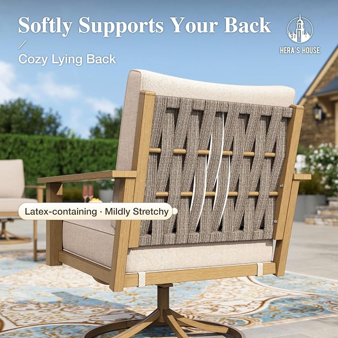 HERA'S HOUSE Patio Furniture Set 5-Piece, Metal Outdoor Conversation Set with Wood Grain Finish, 2 x Swivel Chair, 1 x 3-Seat Sofa, 2 x Multi-Functional Coffee Table for Garden Deck Backyard