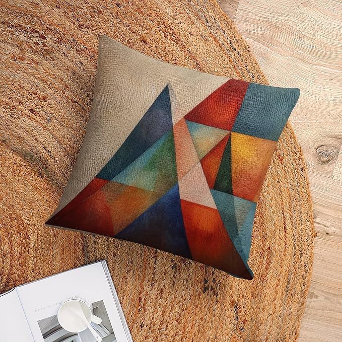 Throw Pillows Colorful Fun Aesthetic Mid Century Modern Gomestry Pillows 20"x20" Hand Drawn Striped Watercolor Brush Dye Linen Cushion Case Outdoor Home Decoration Home Decoration for Sofa Couch