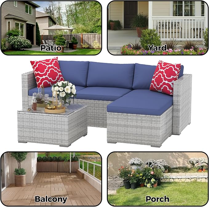 5 Piece Outdoor Patio Furniture Set, Rattan Deck Conversation Sofa Set with Non-Slip Cushions, All-Weather Sectional Sofa with Glass Storage Table and Balcony Footstool, Poolside, Garden, Porch, Gray