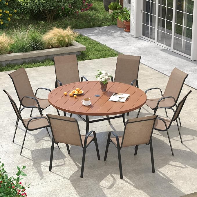 VICLLAX Round Patio Dining Set for 8, Metal Slatted Patio Table with Umbrella Hole and Stackable Patio Chairs for Deck Lawn Garden, Brown Fabric and Walnut Tabletop