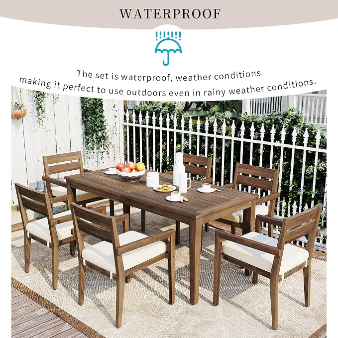 7-Piece Patio Dining Set,Acacia Wood Outdoor Dining Table and 6 Cushioned Chairs, Modern Conversation Furniture for Courtyard,Garden, Balcony,Deck,Poolside (Burly Wood/Acacia2, 7-Piece)