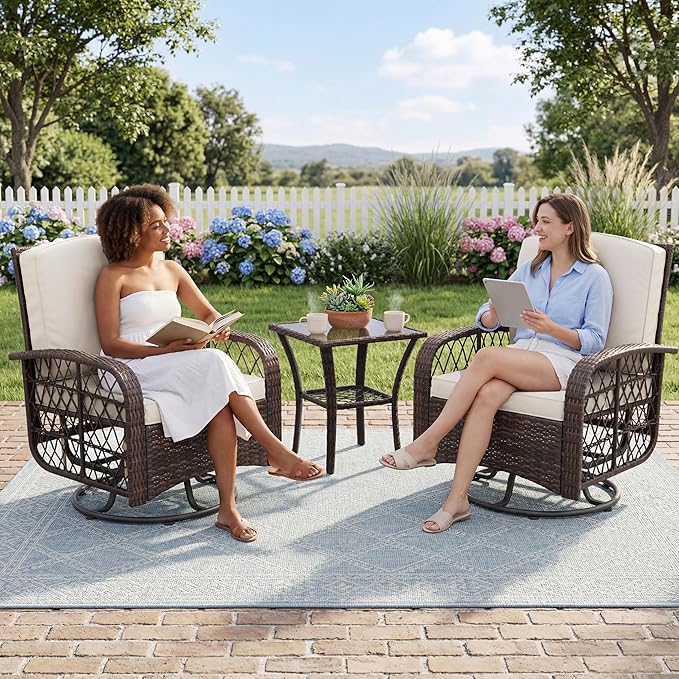 3-Piece Patio Furniture Set, 2 Swivel Rocking Chairs with 1 Rattan Side Table, Tempered Glass Tabletop, Patio Conversation Set for Deck, Porch, Garden, Poolside (Brown Wicker & Beige Cushions)