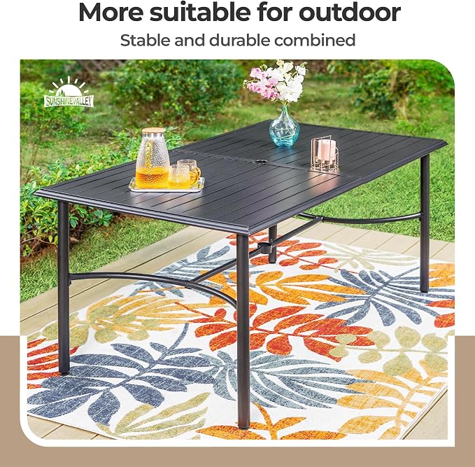 SUNSHINE VALLEY 7 Piece Patio Dining Set for 6, Rectangular Metal Dining Table with Umbrella Hole and 6 Textilene Chairs, Outdoor Table and Chairs Set for Lawn Backyard and Deck, Blue