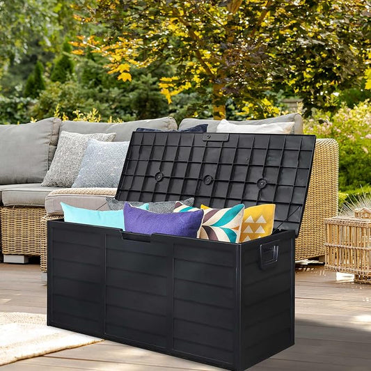 75 Gal Storage Bin Extra-Deep Weatherproof with 2 Wheels & Lock Hasp - 44"W Large Capacity Box for Garden Equipment, Cushions, Outdoor Toys | Durable Black Polypropylene Construction, Padlock Not Inc
