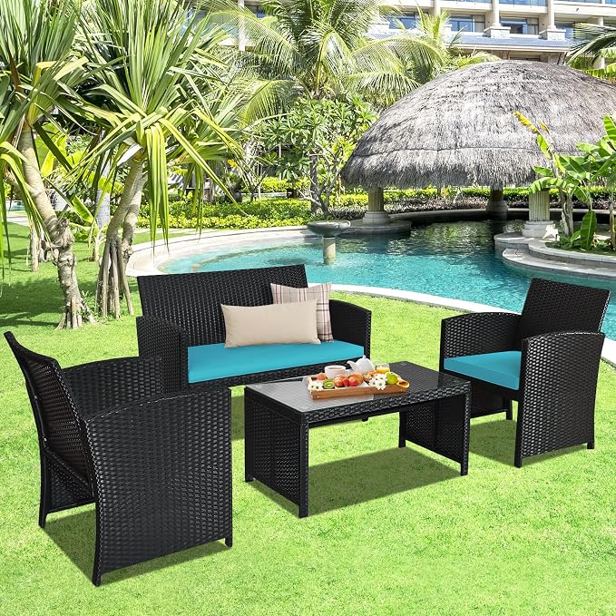 Goplus Rattan Patio Furniture Set 4 Pieces, Outdoor Wicker Conversation Sofa and Table Set with Soft Cushions & Tempered Glass Coffee Table for Balcony Garden Backyard (Turquoise)