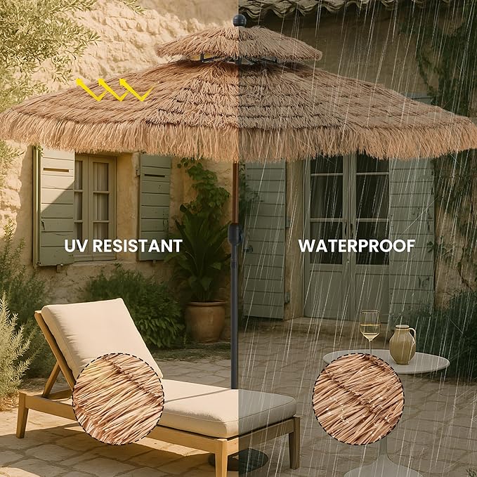 COSIEST 9FT Tiki Umbrella Outdoor Patio Hawaiian Thatched Shade With 8 Ribs Tilt Adjustment for Garden Pool Backyard Beach