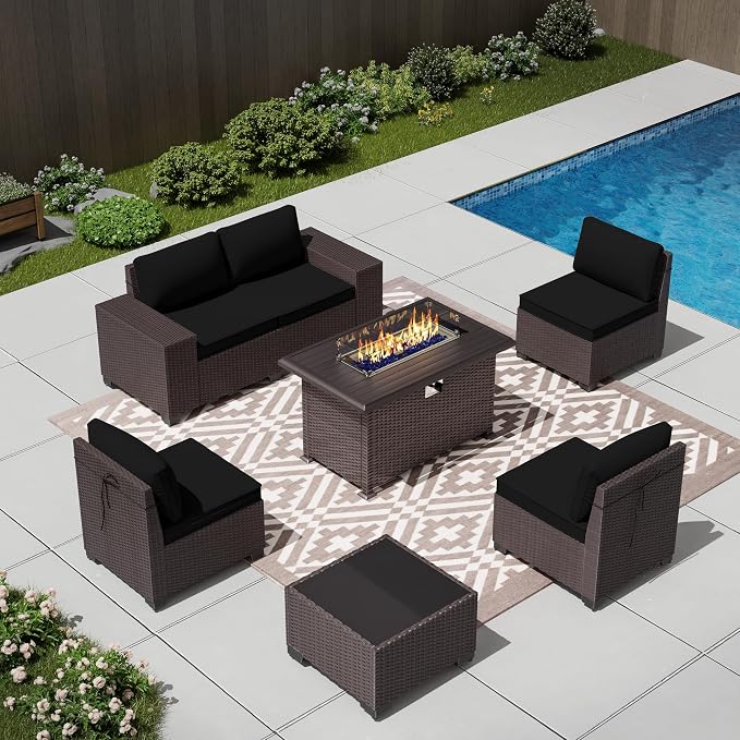7 PCS Outdoor Patio Furniture Set,Outdoor Sectional Furniture with 43" 55000 BTU Gas Propane Fire Pit Table,All Weather PE Rattan Wicker Patio Conversation Set,Black